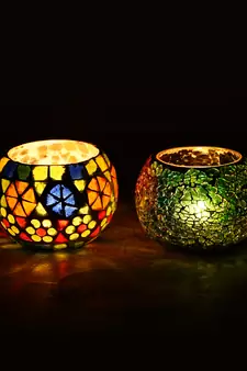 Set of 2 Mosiac Glass Decorative Tea Light Holder/Diya
