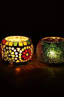 Set of 2 Mosiac Glass Decorative Tea Light Holder/Diya
