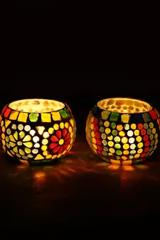 Set of 2 Mosiac Glass Decorative Tea Light Holder/Diya