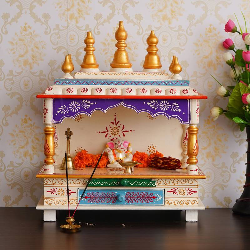 White Mango Wood Pooja Temple/Mandir with Storage Option