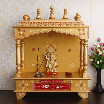 Yellow Mango Wood multicolor Pooja Temple/Mandir with Storage Option 1