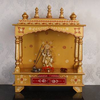 Yellow Mango Wood multicolor Pooja Temple/Mandir with Storage Option 2
