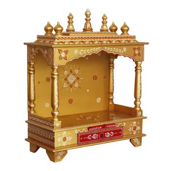 Yellow Mango Wood multicolor Pooja Temple/Mandir with Storage Option 3