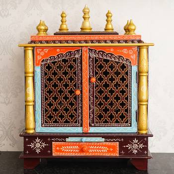 Multicolor Mango Wood multicolor Pooja Temple/Mandir with Door and Storage Option 1