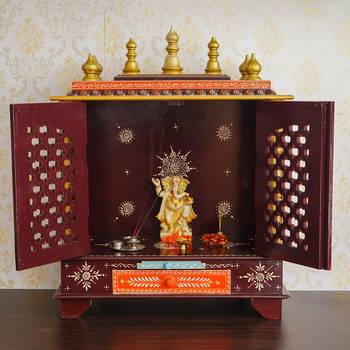 Multicolor Mango Wood multicolor Pooja Temple/Mandir with Door and Storage Option 2