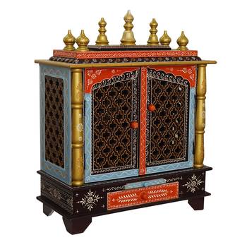 Multicolor Mango Wood multicolor Pooja Temple/Mandir with Door and Storage Option 3
