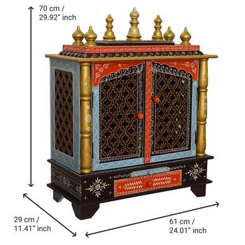 Multicolor Mango Wood multicolor Pooja Temple/Mandir with Door and Storage Option 4