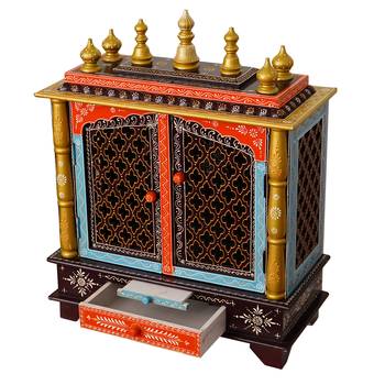 Multicolor Mango Wood multicolor Pooja Temple/Mandir with Door and Storage Option 6