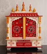 White and Red Mango Wood Pooja Temple/Mandir with Door and Storage Option