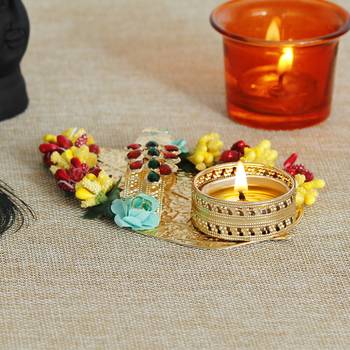 Decorative Handcrafted Yellow and Red Floral Leaf Shape Tea Light Holder 1