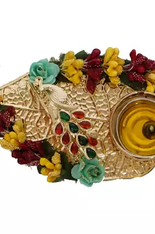 Decorative Handcrafted Yellow and Red Floral Leaf Shape Tea Light Holder