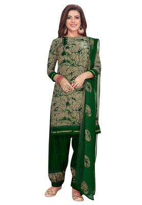 Salwar Studio Women's Beige & Green Synthetic Printed Unstitch Dress Material with Dupatta 1