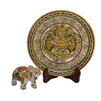 Set of Fish Printed Marble Plate and Saluting Elephant 1