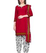 Salwar Studio Women's Red & White Synthetic Printed Unstitch Dress Material with Dupatta