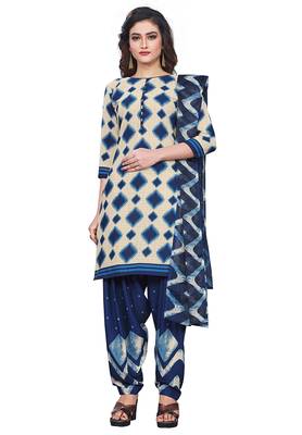 Salwar Studio Women's Beige & Dark Blue Synthetic Printed Unstitch Dress Material with Dupatta 1