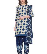 Salwar Studio Women's Beige & Dark Blue Synthetic Printed Unstitch Dress Material with Dupatta
