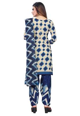 Salwar Studio Women's Beige & Dark Blue Synthetic Printed Unstitch Dress Material with Dupatta 2