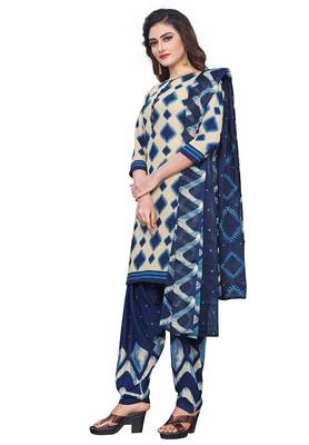 Salwar Studio Women's Beige & Dark Blue Synthetic Printed Unstitch Dress Material with Dupatta 3