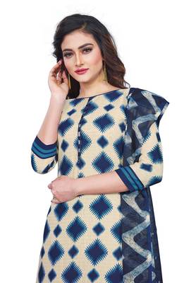 Salwar Studio Women's Beige & Dark Blue Synthetic Printed Unstitch Dress Material with Dupatta 4