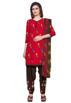 Salwar Studio Women's Red & Brown Synthetic Printed Unstitch Dress Material with Dupatta 1