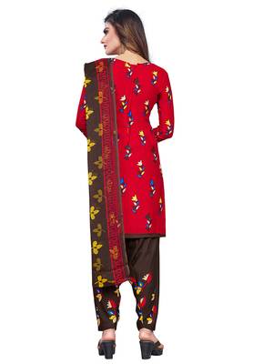 Salwar Studio Women's Red & Brown Synthetic Printed Unstitch Dress Material with Dupatta 2