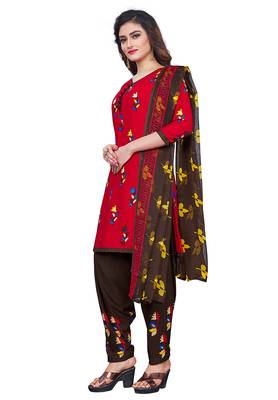 Salwar Studio Women's Red & Brown Synthetic Printed Unstitch Dress Material with Dupatta 3
