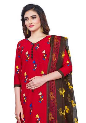 Salwar Studio Women's Red & Brown Synthetic Printed Unstitch Dress Material with Dupatta 4