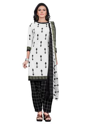 Salwar Studio Women's White & Black Synthetic Printed Unstitch Dress Material with Dupatta 1