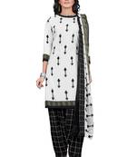 Salwar Studio Women's White & Black Synthetic Printed Unstitch Dress Material with Dupatta