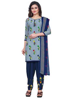 Salwar Studio Women's Grey & Blue Synthetic Printed Unstitch Dress Material with Dupatta 1