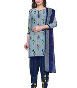 Salwar Studio Women's Grey & Blue Synthetic Printed Unstitch Dress Material with Dupatta