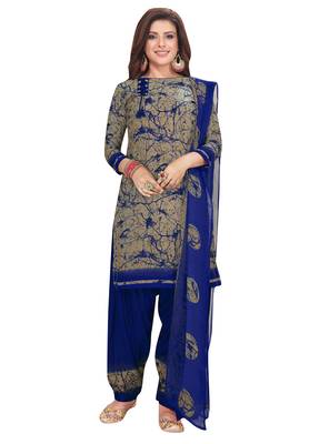 Salwar Studio Women's Beige & Blue Synthetic Printed Unstitch Dress Material with Dupatta 1