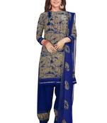 Salwar Studio Women's Beige & Blue Synthetic Printed Unstitch Dress Material with Dupatta