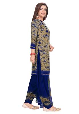 Salwar Studio Women's Beige & Blue Synthetic Printed Unstitch Dress Material with Dupatta 3