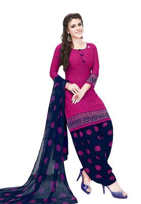 Salwar Studio Women's Pink & Dark Blue Synthetic Printed Unstitch Dress Material with Dupatta 1