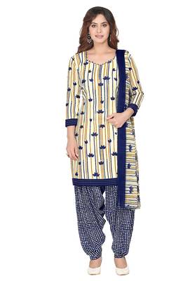 Salwar Studio Women's Cream & Dark Blue Synthetic Printed Unstitch Dress Material with Dupatta 1