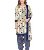 Salwar Studio Women's Cream & Dark Blue Synthetic Printed Unstitch Dress Material with Dupatta