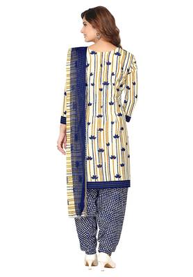 Salwar Studio Women's Cream & Dark Blue Synthetic Printed Unstitch Dress Material with Dupatta 2
