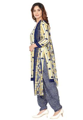 Salwar Studio Women's Cream & Dark Blue Synthetic Printed Unstitch Dress Material with Dupatta 3