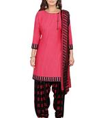 Salwar Studio Women's Pink & Black Synthetic Printed Unstitch Dress Material with Dupatta