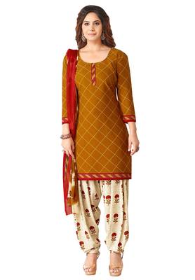 Salwar Studio Women's Brown & Cream Synthetic Printed Unstitch Dress Material with Dupatta 1