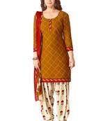 Salwar Studio Women's Brown & Cream Synthetic Printed Unstitch Dress Material with Dupatta