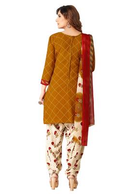 Salwar Studio Women's Brown & Cream Synthetic Printed Unstitch Dress Material with Dupatta 2