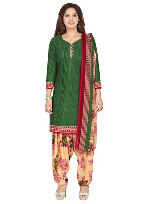 Salwar Studio Women's Green & Beige Synthetic Printed Unstitch Dress Material with Dupatta 1