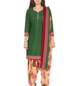 Salwar Studio Women's Green & Beige Synthetic Printed Unstitch Dress Material with Dupatta