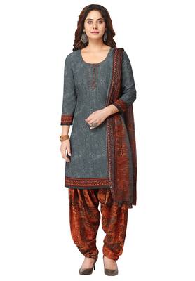Salwar Studio Women's Grey & Brown Synthetic Printed Unstitch Dress Material with Dupatta 1