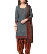 Salwar Studio Women's Grey & Brown Synthetic Printed Unstitch Dress Material with Dupatta
