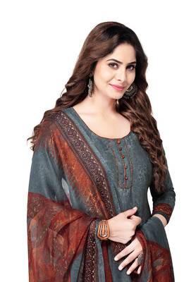 Salwar Studio Women's Grey & Brown Synthetic Printed Unstitch Dress Material with Dupatta 3