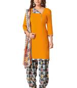 Salwar Studio Women's Mustard & Grey Synthetic Printed Unstitch Dress Material with Dupatta
