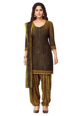 Salwar Studio Women's Brown & Yellow Synthetic Printed Unstitch Dress Material with Dupatta 1